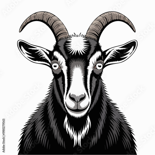 Stylized black and white goat head illustration portrait.