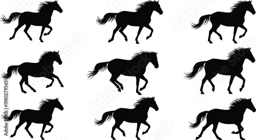 Black silhouettes of horses galloping in motion sequence, dynamic stride positions arranged in grid, perfect for design, illustration, and pattern use
