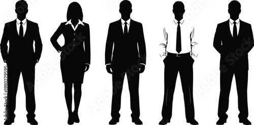 Business people silhouette collection featuring corporate professionals, formal office attire and executive team vector illustration isolated on white