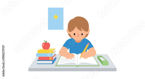 A young student with brown hair sits at a desk, focused on writing in a notebook next to a stack of books, an apple, and a pencil case.