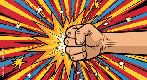 Fist punch with comic explosion background in pop art style