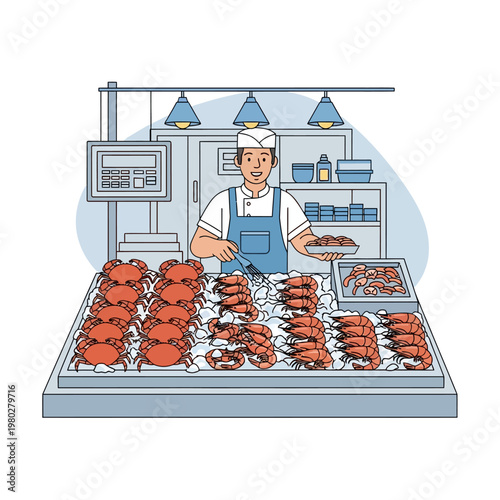 Vector illustration of a smiling male fishmonger in a blue apron and white uniform standing behind a seafood market stall filled with fresh red crabs and shrimp on ice.