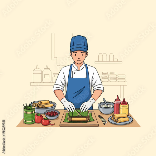 Vector illustration of a male street food vendor wearing a blue apron and cap, carefully preparing fresh spring rolls on a wooden counter with ingredients, bowls, and condiments.