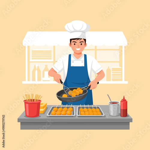 Vector illustration of a male street food chef wearing a white toque and blue apron, frying golden brown meatballs or fish balls in a pan at a market stall with skewers and sauces.