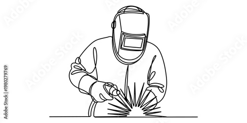 A continuous line drawing of a person sitting at a desk while wearing headphones and using a phone Vector, illustration
