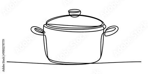 A minimalist single line drawing of a cooking pot with a lid sitting on a flat kitchen surface Vector, illustration
