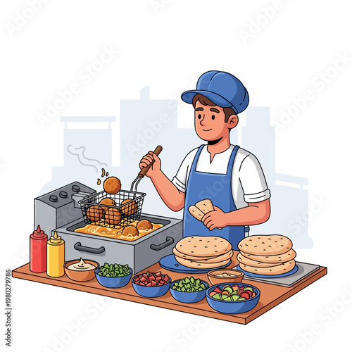 Vector illustration of a street food vendor in a blue apron and cap frying falafel in a deep fryer at a stall with pita bread, sauces, and fresh salad bowls on a white background.
