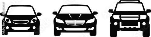 Car front view silhouettes set including sedan and SUV, detailed vehicle vector collection isolated on white background for automotive design