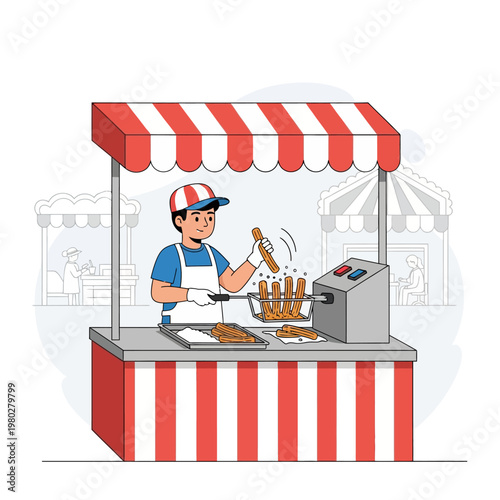 Vector illustration of a male street food vendor serving fried churros at a red and white striped outdoor market stall, featuring a deep fryer and sugar tray on a white background.