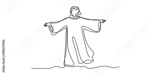 A single continuous line drawing of a person wearing a robe with arms outstretched in a welcome Vector, illustration