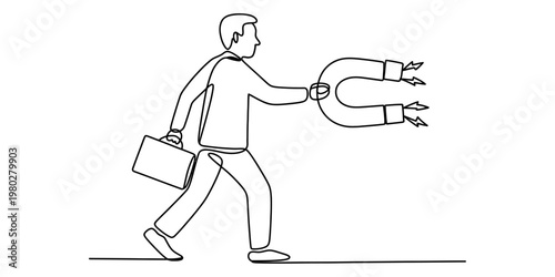 A single continuous line drawing of a business professional holding a large magnet for success. Vector, illustration