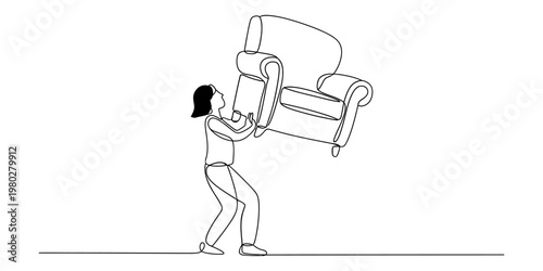 A continuous line drawing of a woman lifting a heavy armchair during her home interior redecoration Vector, illustration