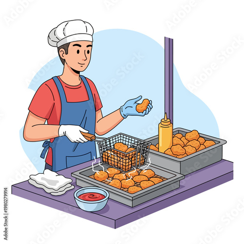 Vector illustration of a male vendor wearing a chef hat and apron preparing fried chicken nuggets, holding a metal frying basket and serving crispy snacks with dipping sauce trays.