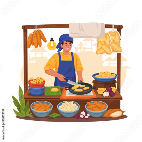 Vector illustration of a male street food vendor wearing a blue apron and headscarf, frying sliced cassava in a pan at a wooden market stall with bowls of roots and prepared snacks.