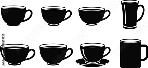 Coffee cup silhouettes collection featuring mug espresso cappuccino and latte cups isolated black vector icons set for cafe beverage design use