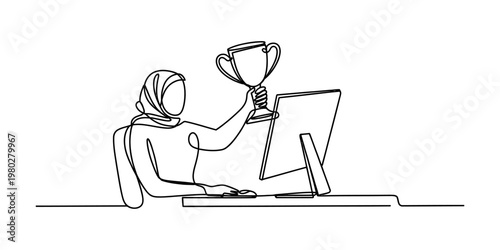 A single continuous line drawing of a professional woman wearing a hijab holding a golden trophy Vector, illustration