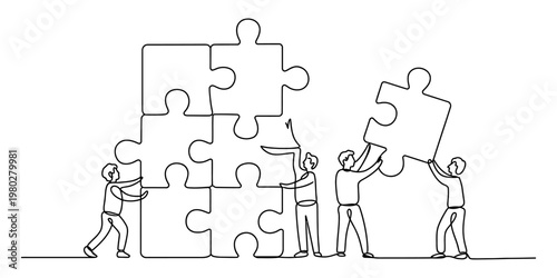 A line drawing depicting a team of people working together to complete a large puzzle structure Vector, illustration