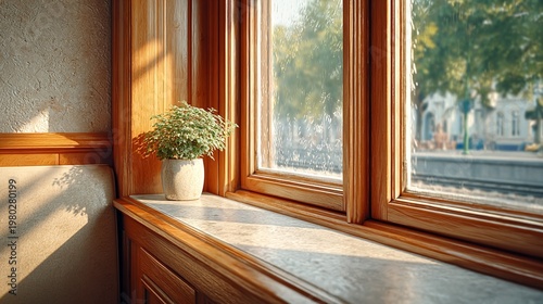 Cozy interior photography showcasing serene indoor foliage with sunlight streaming through a wooden-framed window in tranquil home setting capturing morning relaxation vibe