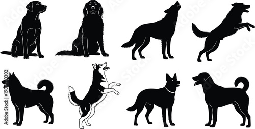 Dog silhouettes collection featuring different breeds and poses including sitting standing jumping isolated black vector illustration set for pet design use