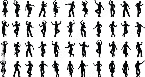 Dancing people silhouette collection vector set featuring men and women dynamic poses isolated black figures for party music design projects
