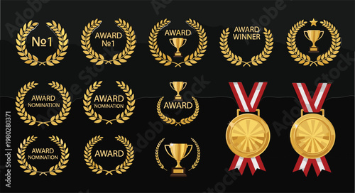 Golden award badges laurel wreath trophy medals winner nomination icons premium luxury achievement certificate vector set on black background