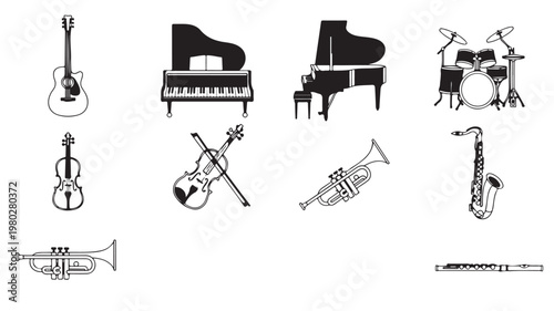 Various Musical Instruments Isolated On White For Music Education Concepts