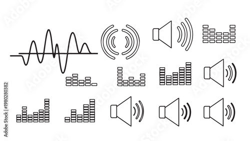 Sound Wave Icons with Speakers and Equalizers for Audio Technology Concepts