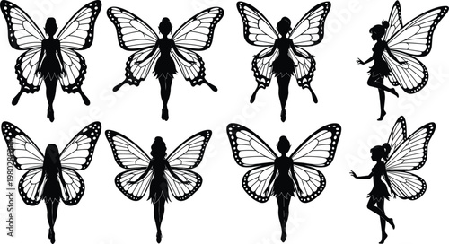 Fairy silhouettes collection with butterfly wings in various poses, detailed fantasy character vector set isolated on white background for design