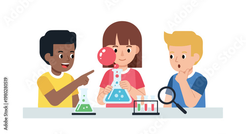 Three curious children are conducting a fun science experiment with colorful chemicals in a laboratory setting, exploring the wonders of chemistry.