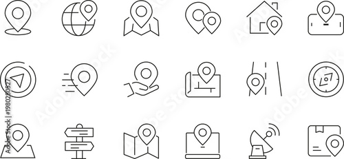 Map pin and location line icon set. Navigation, GPS pointer, and address tracking vector icons.