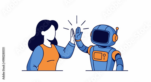 Modern vector illustration depicting a human and robot high-five, symbolizing artificial intelligence collaboration and technological partnership.