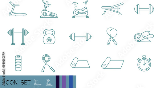 Print Fitness and Gym Equipment Line Icon Set for Workout and Training