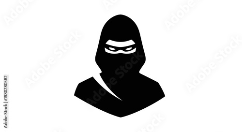 Silhouette of a mysterious ninja warrior in a black hood, isolated on white background.