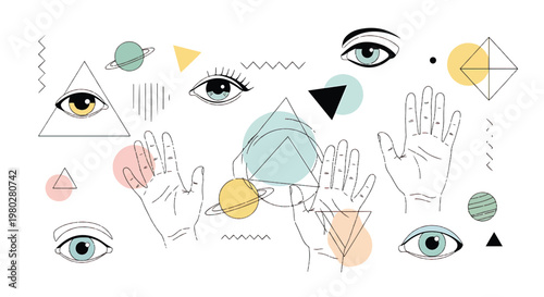 Geometric shapes and human eyes hands.