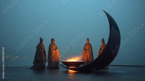 Contemporary Mid-Autumn Moon Worship New Chapter Illustration, Urban Rooftop Youth Silhouettes, Modern Electronic Lotus Lamp for Innovative Inheritance Use