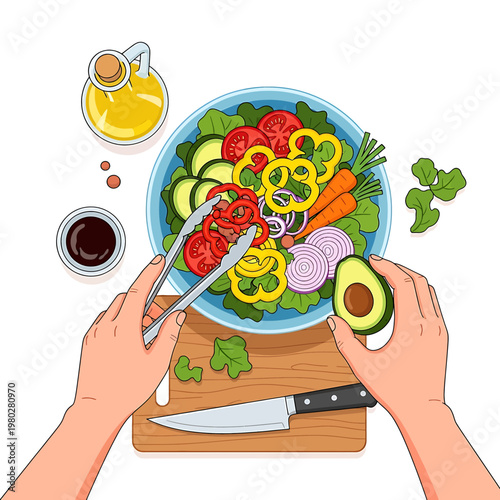 Hands preparing a fresh vegetable salad.