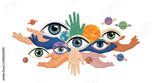 Eyes and hands in surreal illustration.