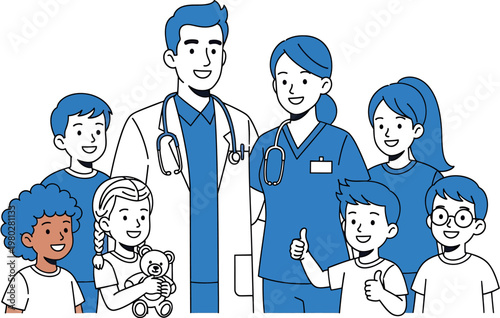 Diverse group of children and healthcare professionals smiling together, representing community and well-being in a medical setting