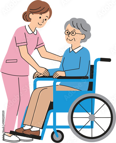 Illustration of a compassionate caregiver assisting an elderly woman in a wheelchair, symbolizing care and support for seniors