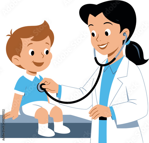 Caring female doctor performing a medical check-up on a cheerful young boy with a stethoscope, a friendly scene depicting pediatric healthcare and wellness