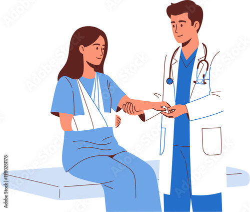 A compassionate doctor provides professional medical examination to a female patient with an arm injury, symbolizing attentive healthcare, recovery support, and the path to healing