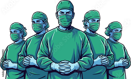 Medical professionals in surgical scrubs and masks standing together in a united front, representing healthcare teamwork and dedication