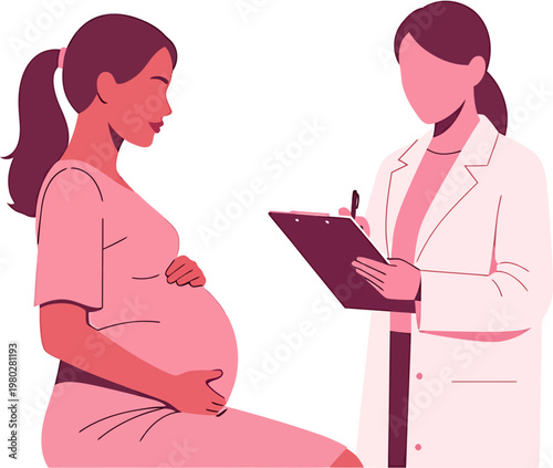 Illustration of a pregnant woman having a medical consultation with a doctor holding a clipboard