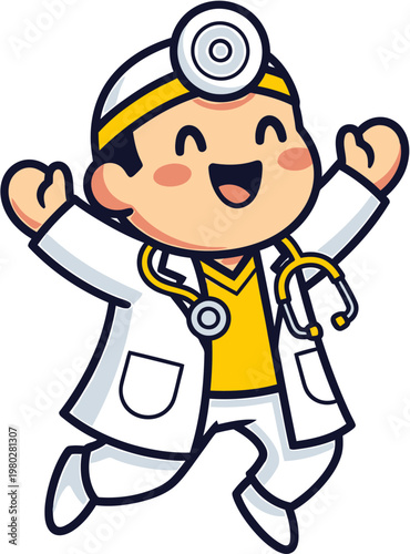 Happy cartoon doctor in white coat with stethoscope jumping with joy and excitement, celebrating a medical success or good news, vibrant and cheerful illustration