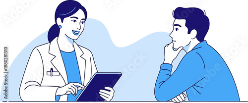 Doctor consulting with patient and looking at a digital tablet, professional medical advice and healthcare services