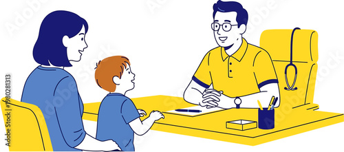 Doctor talking to mother and child in a medical consultation room, illustrating healthcare and well-being