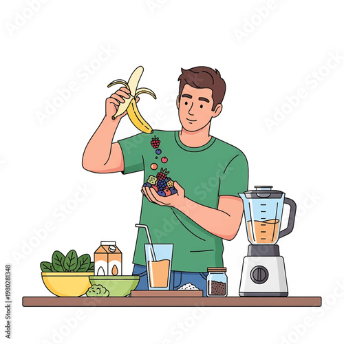 Man preparing healthy smoothie with banana.
