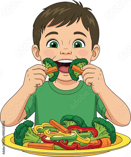 Happy young boy joyfully eating a colorful plate of fresh vegetables and healthy food for a balanced diet