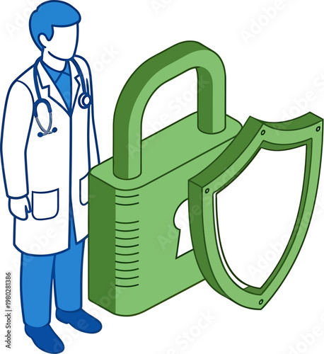 Doctor with Stethoscope and Shielded Padlock Symbolizing Medical Security and Data Protection