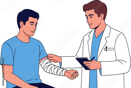 Medical professional examining patient's bandaged arm and taking notes in a clinic